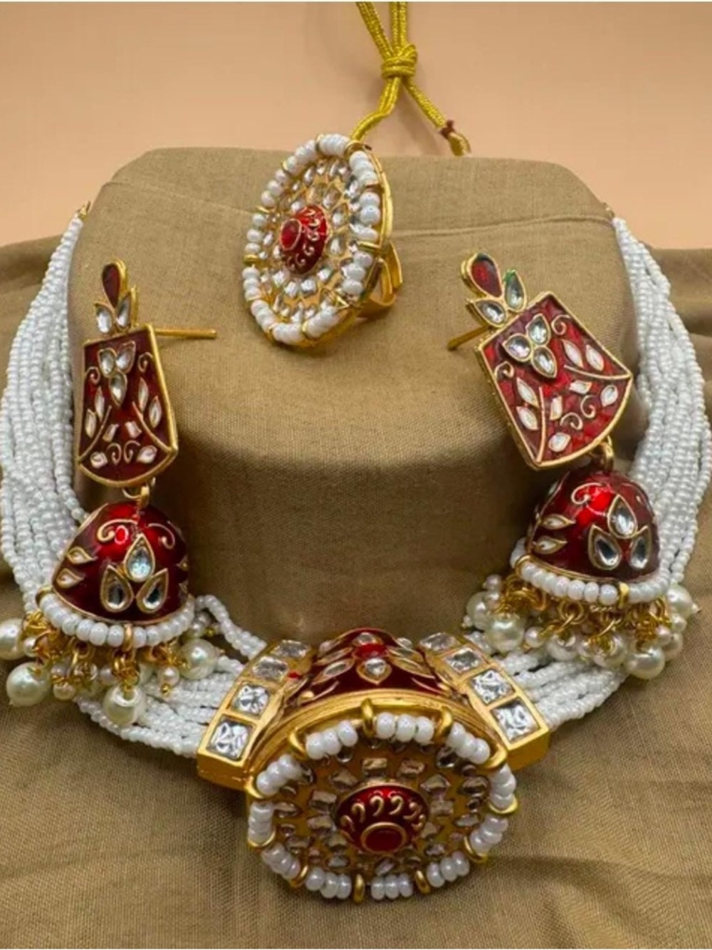 Traditional Red and White Kundan Necklace Set with Matching Earrings and ring